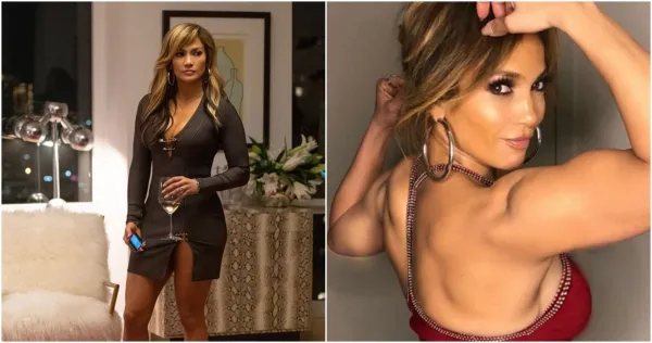 Jennifer Lopez flexionando e em Hustlers