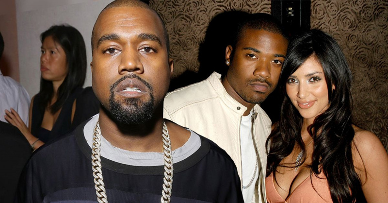  Kanye West amb un collaret de plata amb una samarreta negra, Ray J amb una samarreta blanca i jaqueta beix mentre es trobava al costat de Kim Kardashian amb un vestit salmó